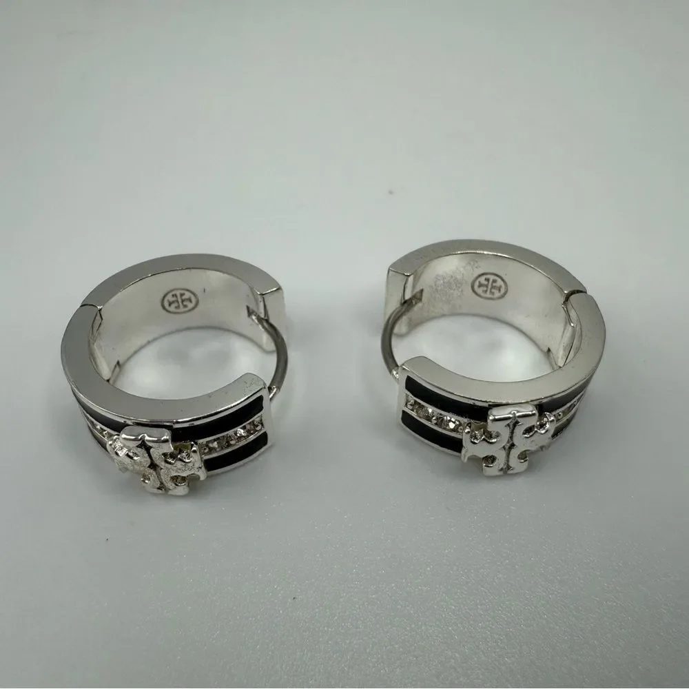 Tory Burch Kira Black and Silver Crystal Hoop Earrings
